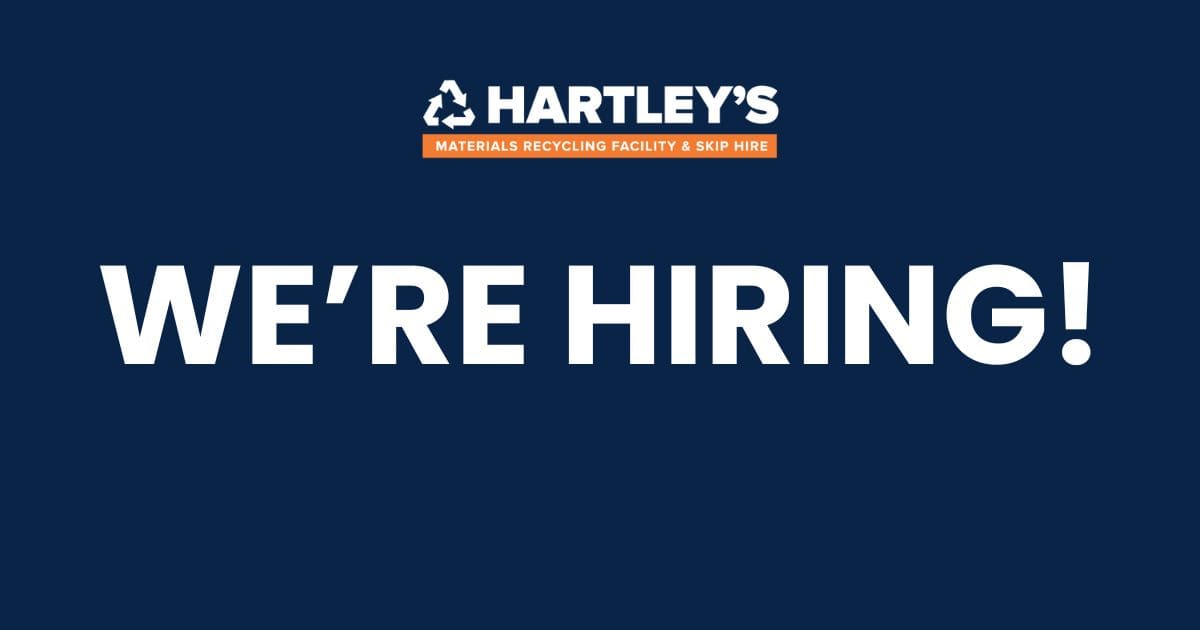 Jobs at Hartley’s Skip Hire | We’re Hiring in Stoke-on-Trent Hartley’s Skip Hire job recruitment banner with "We’re Hiring" message on a dark blue background.